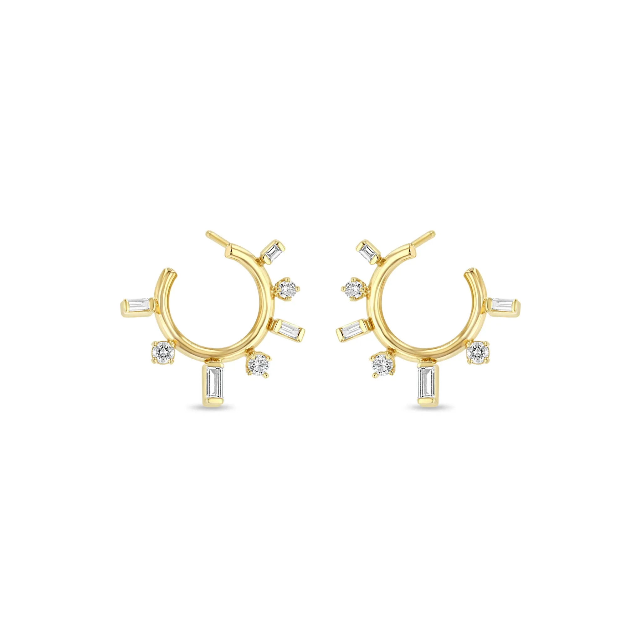 14k Baguette & Prong Diamond Front to Back Circle Hoops