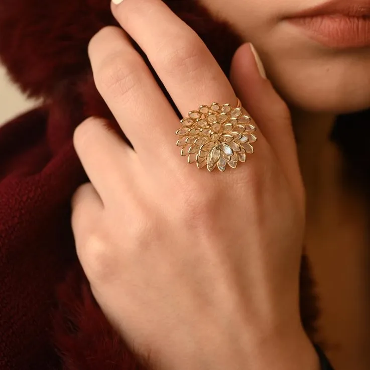 14K Gold Rainbow Moonstone Sunflower Ring