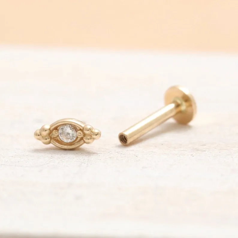 14K Real Gold CZ, Moissanite or Diamond Evil Eye  Helix Cartilage Tragus Inner Conch Internally Threaded Flat Back Earring Labret