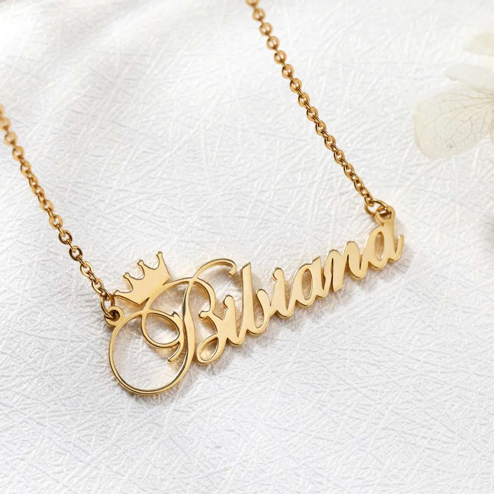 18k Gold Plated Custom Name Necklace With Crown- Christmas gifts