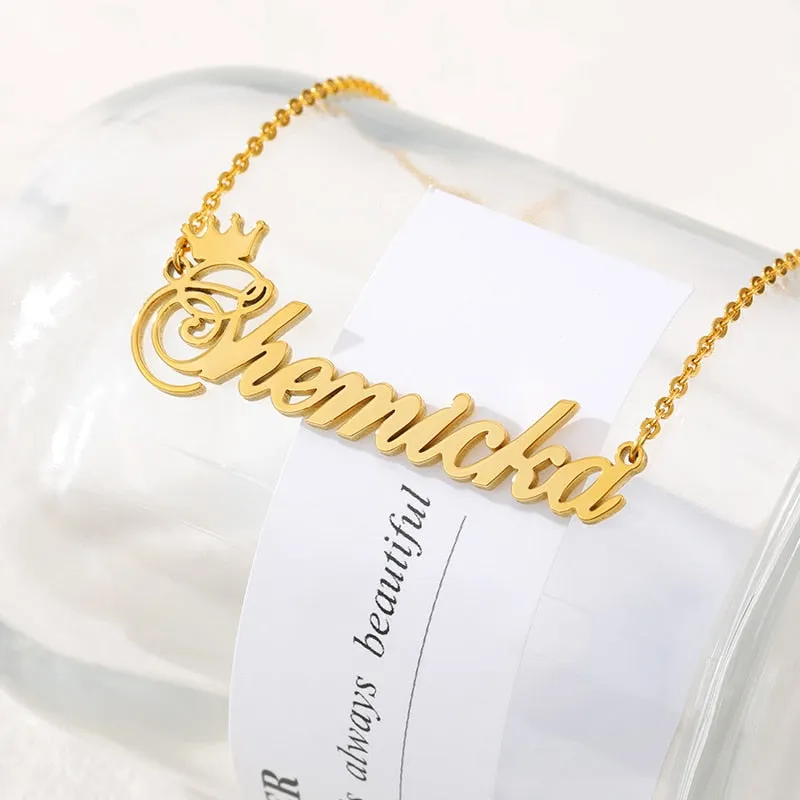 18k Gold Plated Custom Name Necklace With Crown- Christmas gifts