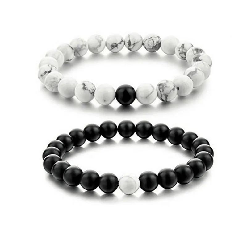 2 Pcs Fashion White and Black Natural Stones Couple Charm Beads Bracelet