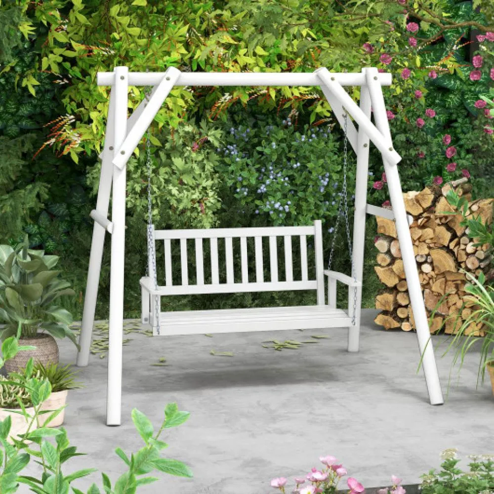 2-Person Wooden Outdoor Porch Swing with 500 lbs Weight Capacity-White