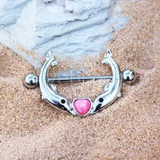 316L Stainless Steel Kissing Dolphins Nipple Jewelry with Heart Shaped Pink Synthetic Opal