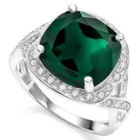 5.50 CT CREATED EMERALD & 2PCS CREATED WHITE SAPPHIRE 925 STERLING SILVER RING