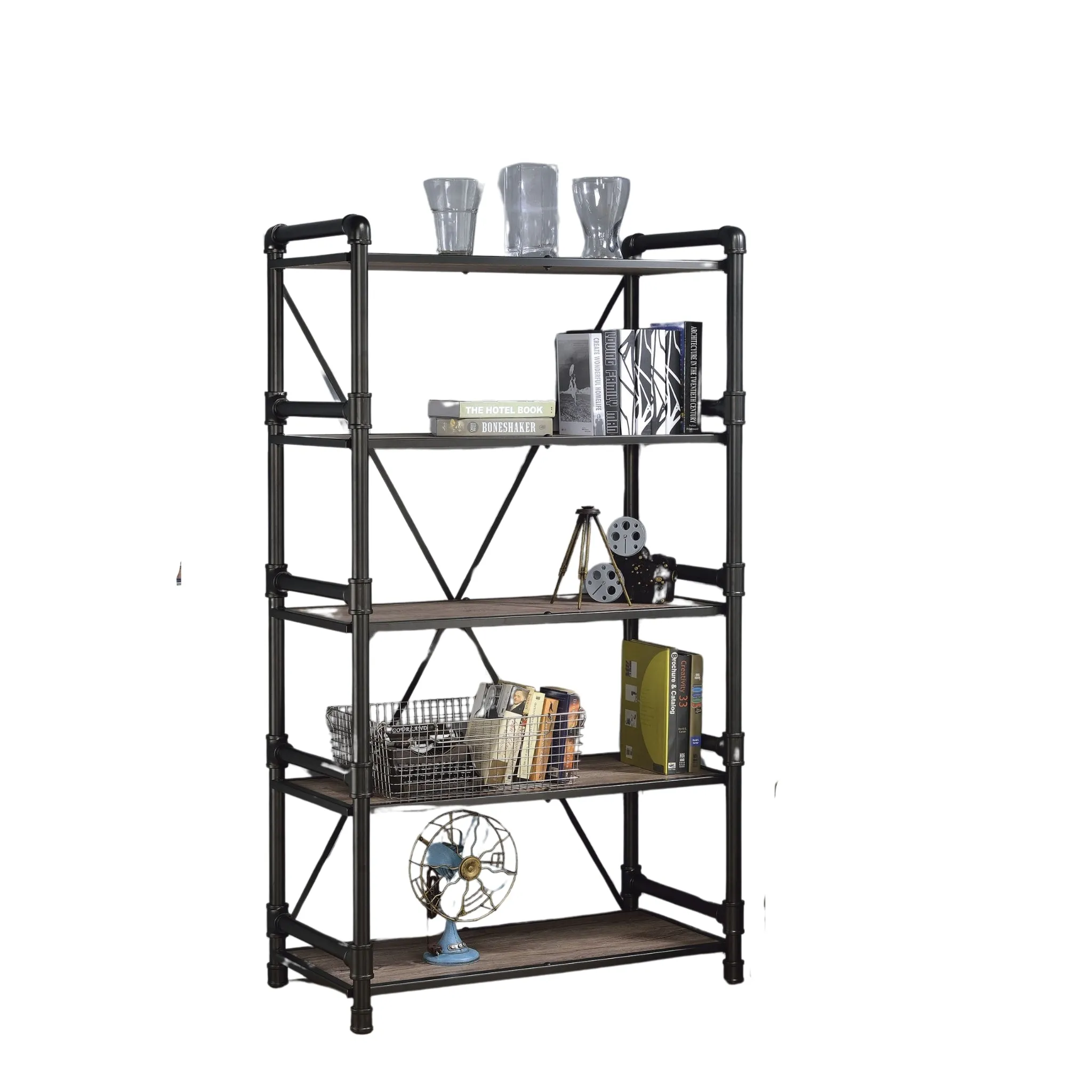 72 Rustic Oak Distressed Metal and Wood Five Tier Etagere Bookcase