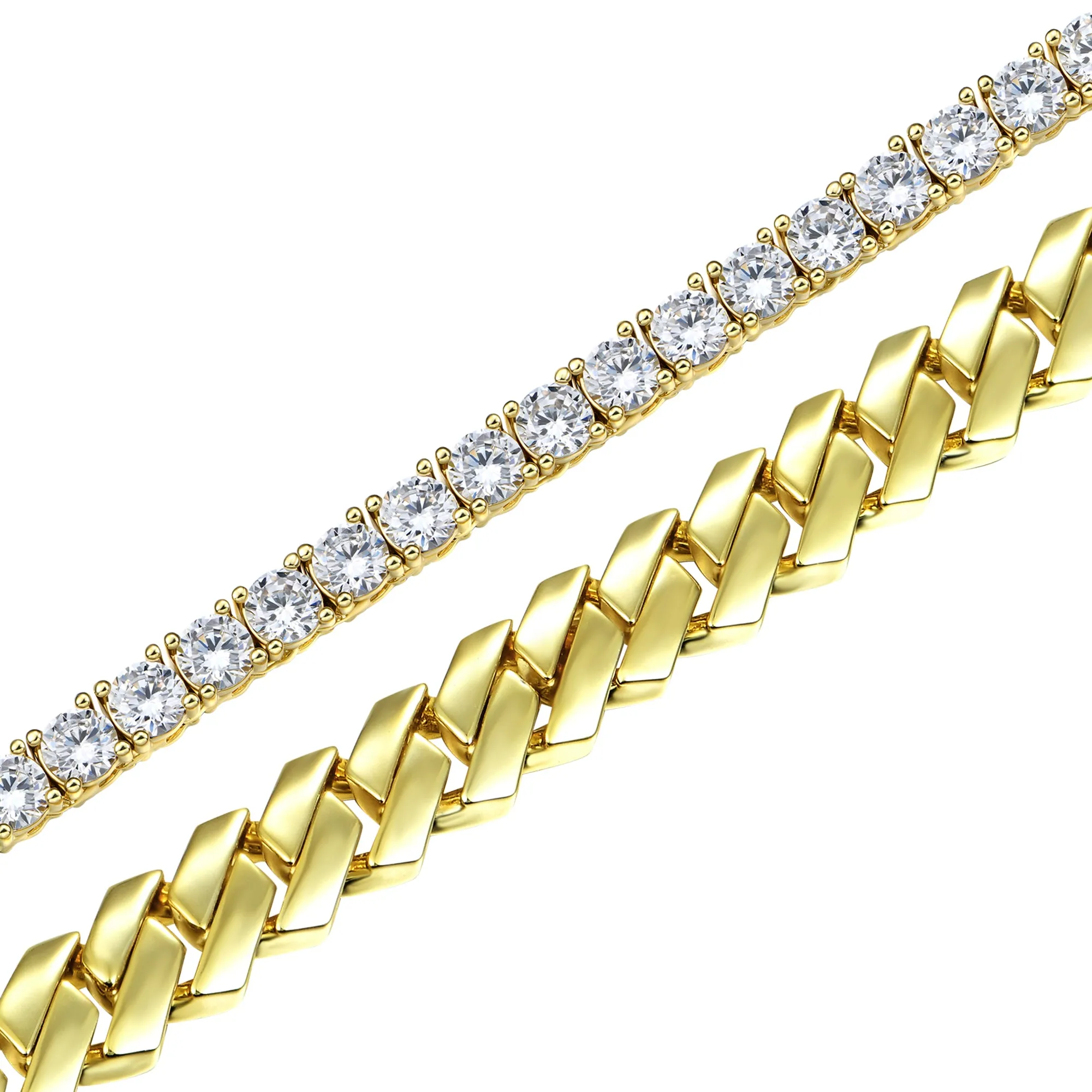 8mm Plain Gold Prong Cuban Chain   3mm Iced Tennis Chain Bundle