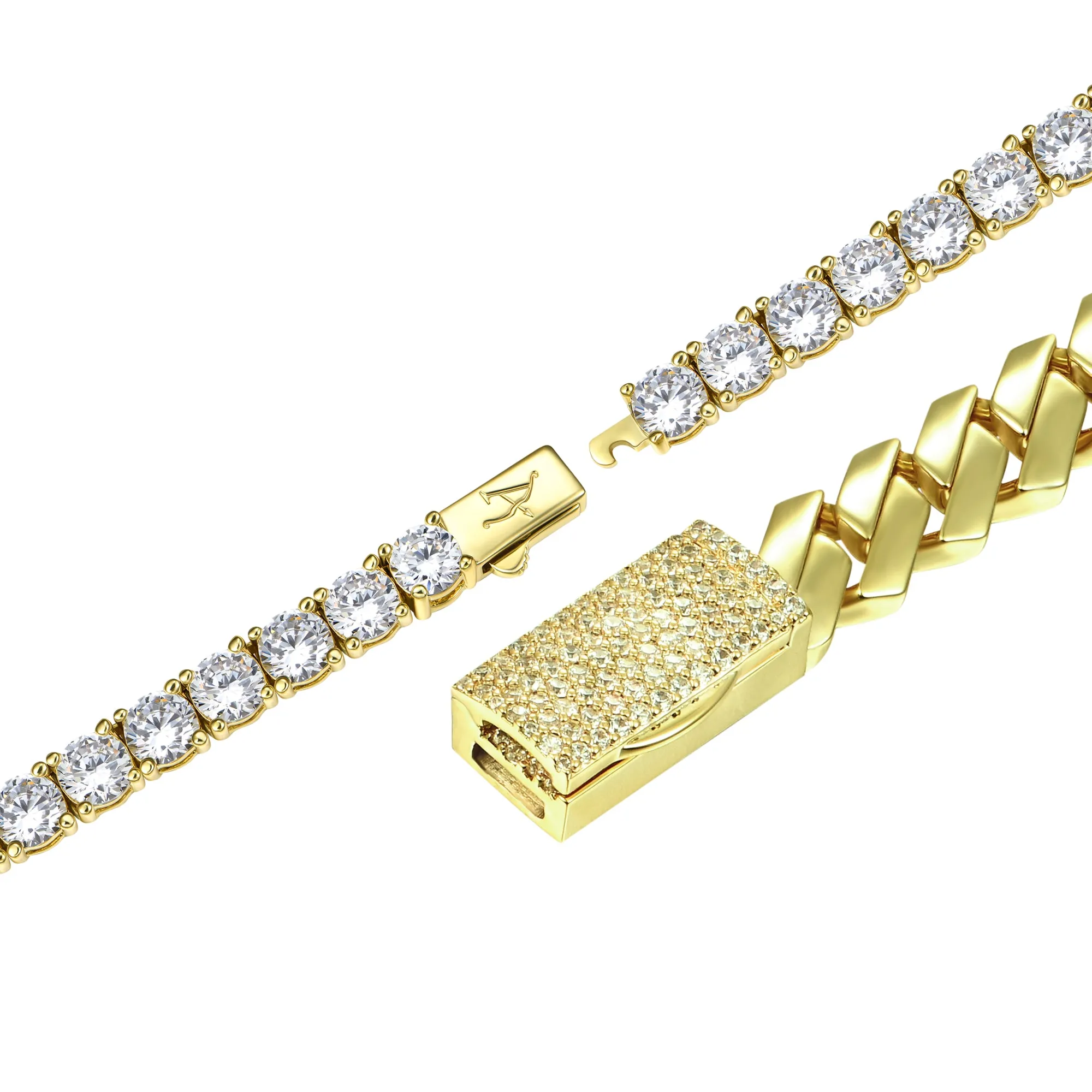 8mm Plain Gold Prong Cuban Chain   3mm Iced Tennis Chain Bundle