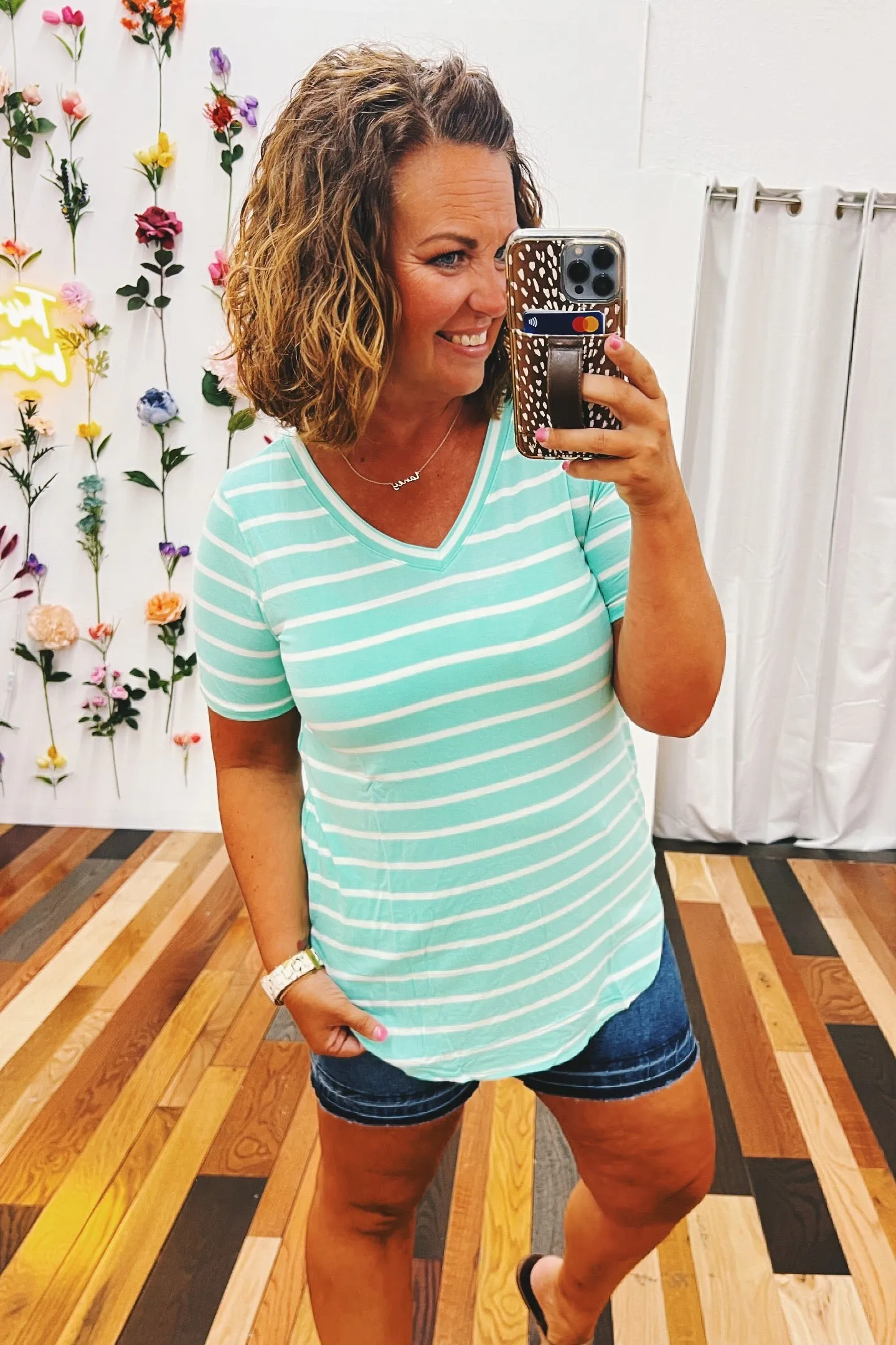 Adelaide Striped Vneck Tee Mint