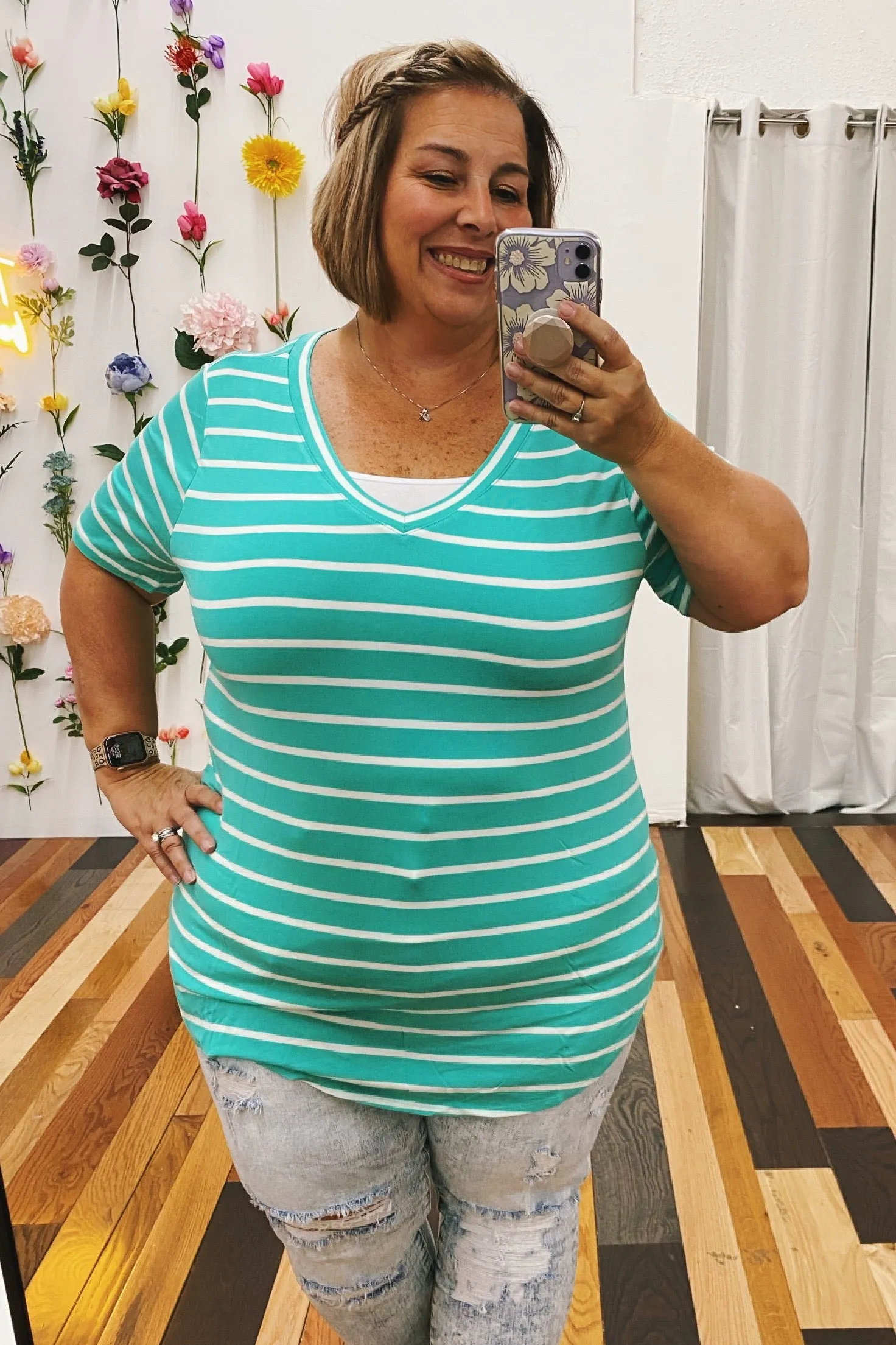 Adelaide Striped Vneck Tee Mint