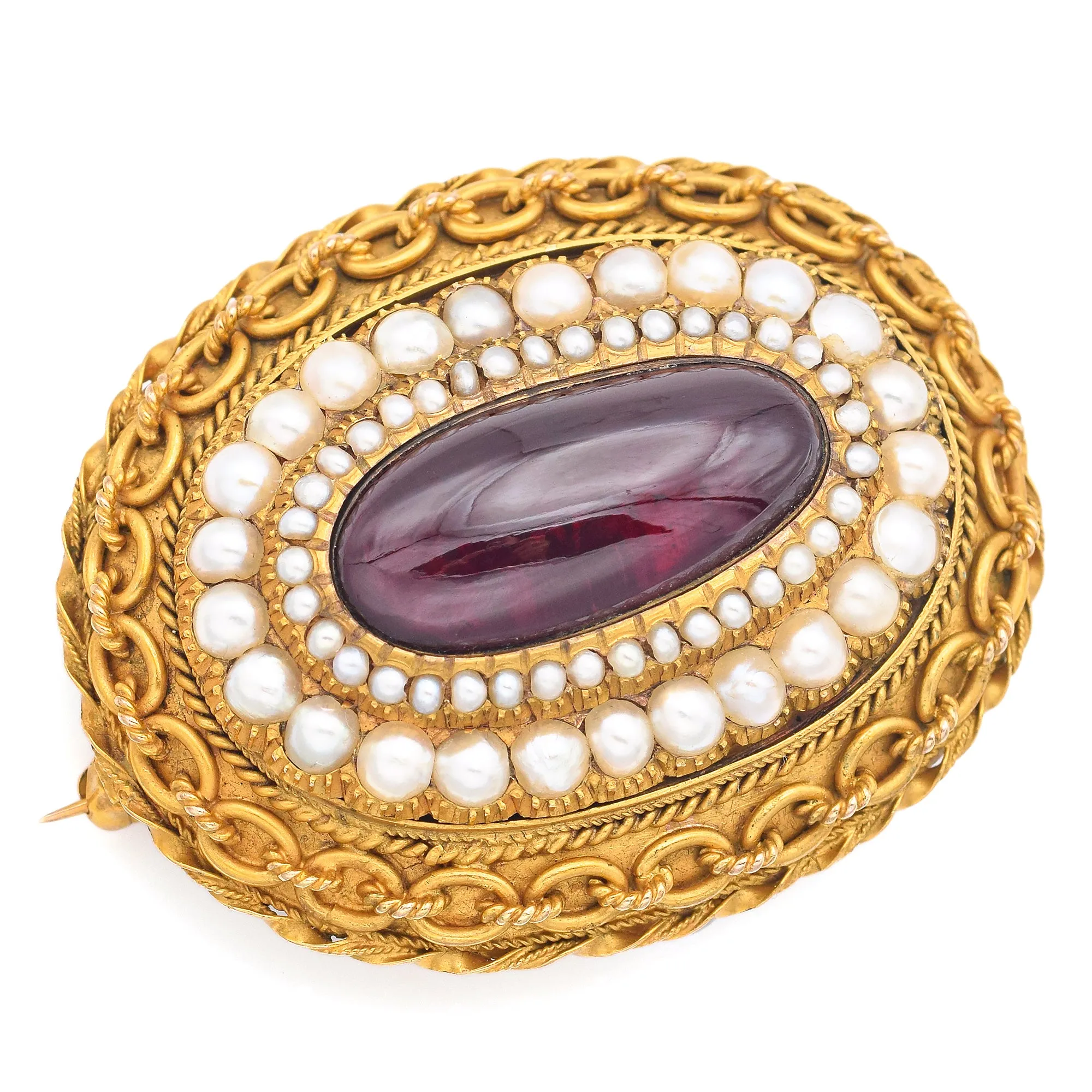 Antique 14K Yellow Gold Garnet & Sea Pearl Brooch Pin 47.0 x 37.6 mm