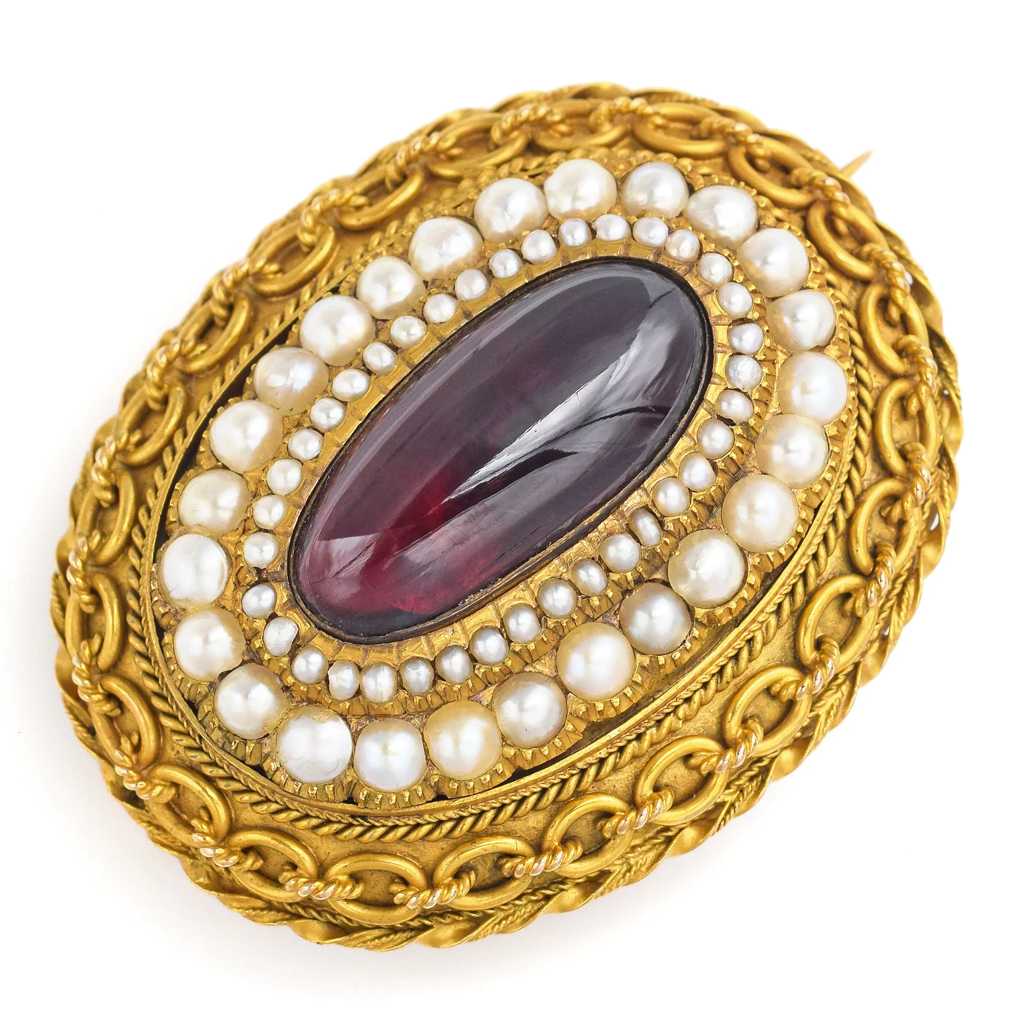 Antique 14K Yellow Gold Garnet & Sea Pearl Brooch Pin 47.0 x 37.6 mm