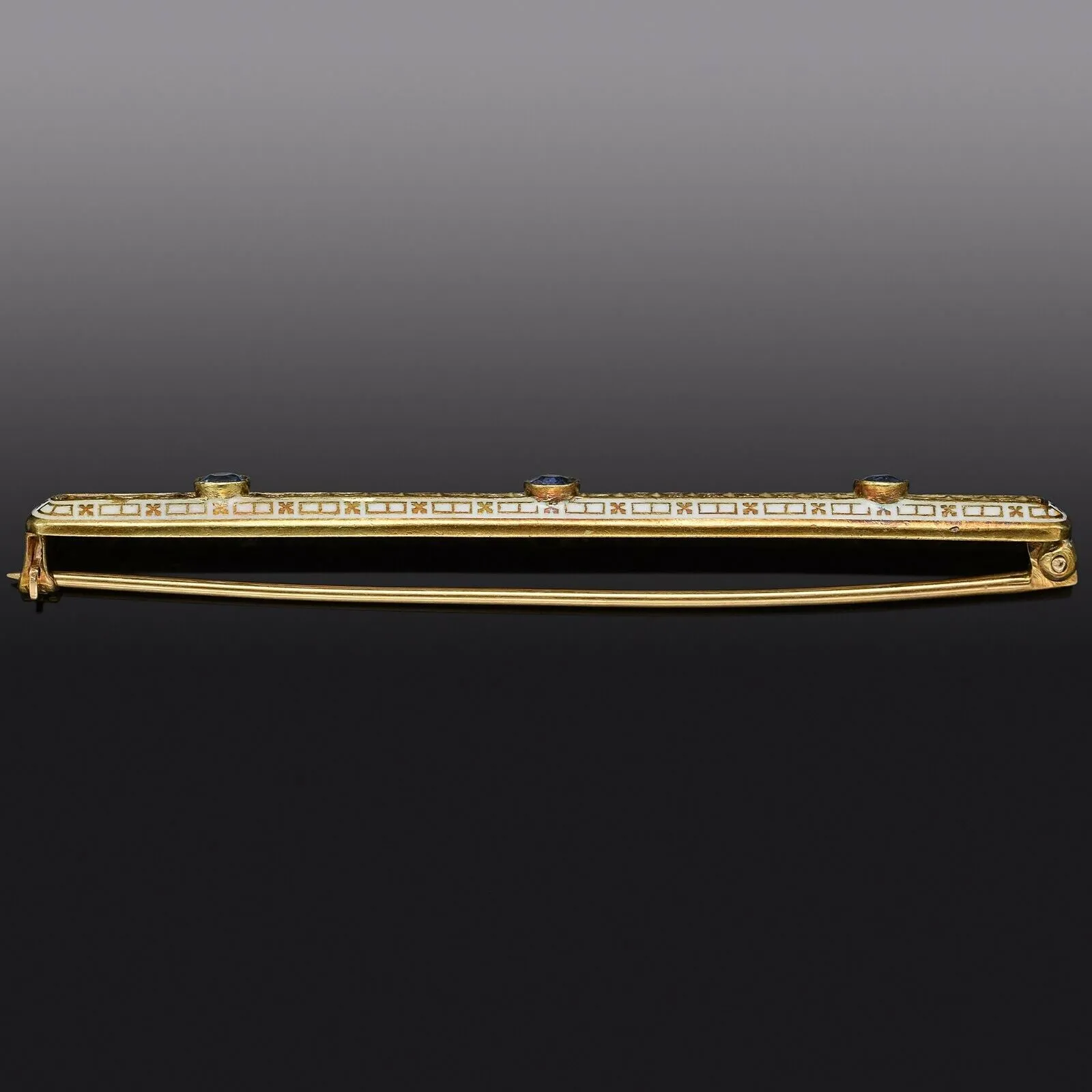 Antique 14K Yellow Gold Sapphire Enamel Art Deco Bar Brooch Pin 4.6G 62.9x5.3 mm