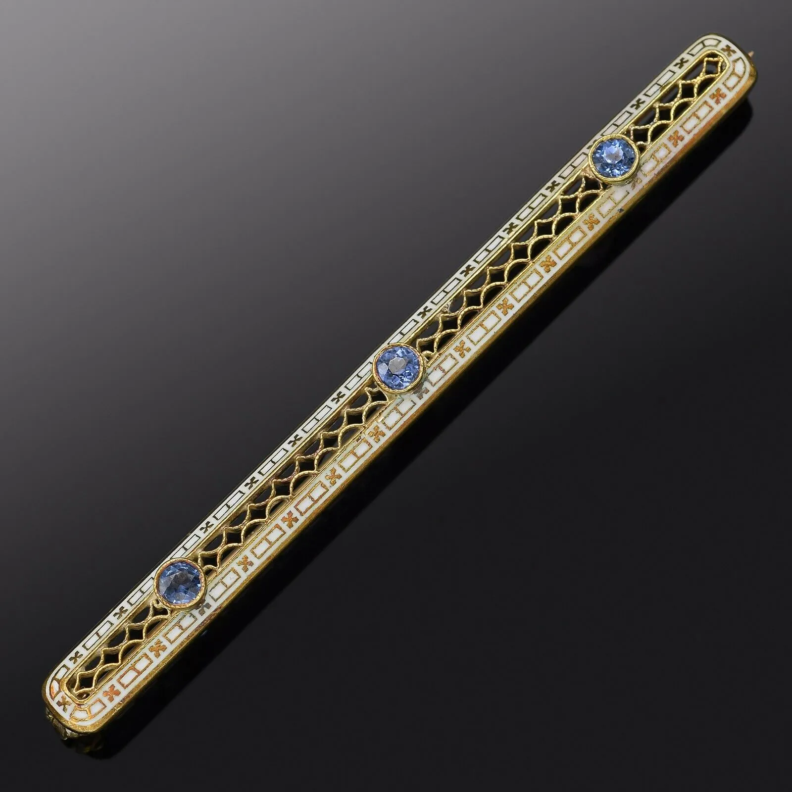 Antique 14K Yellow Gold Sapphire Enamel Art Deco Bar Brooch Pin 4.6G 62.9x5.3 mm