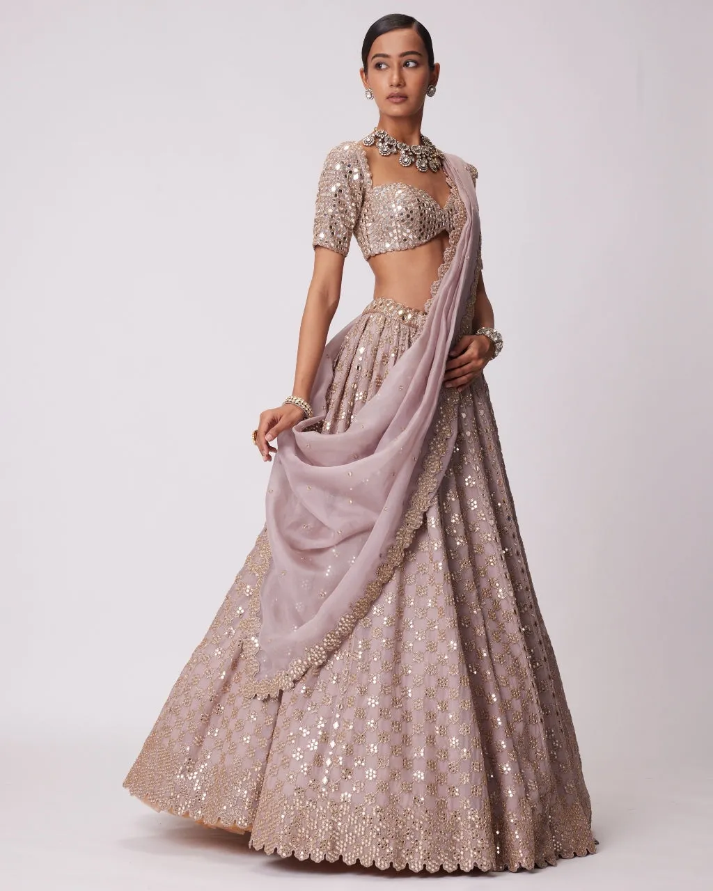 Ash Pink Mirror Flower Embroidered Lehenga Set