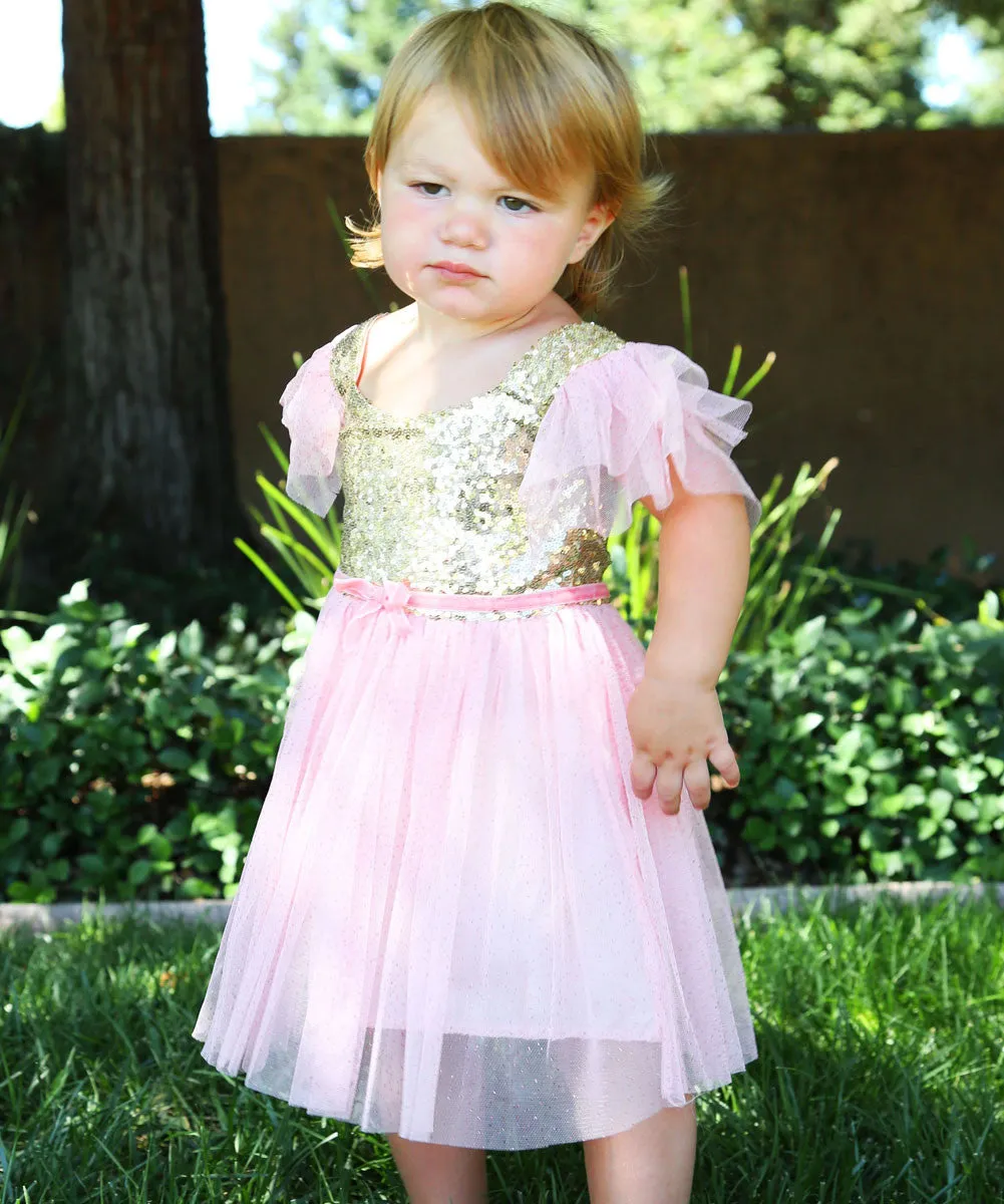 Baby Girl Pink and Gold Sequin Dress Velvet Bow