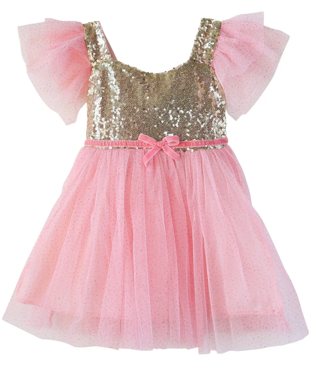 Baby Girl Pink and Gold Sequin Dress Velvet Bow