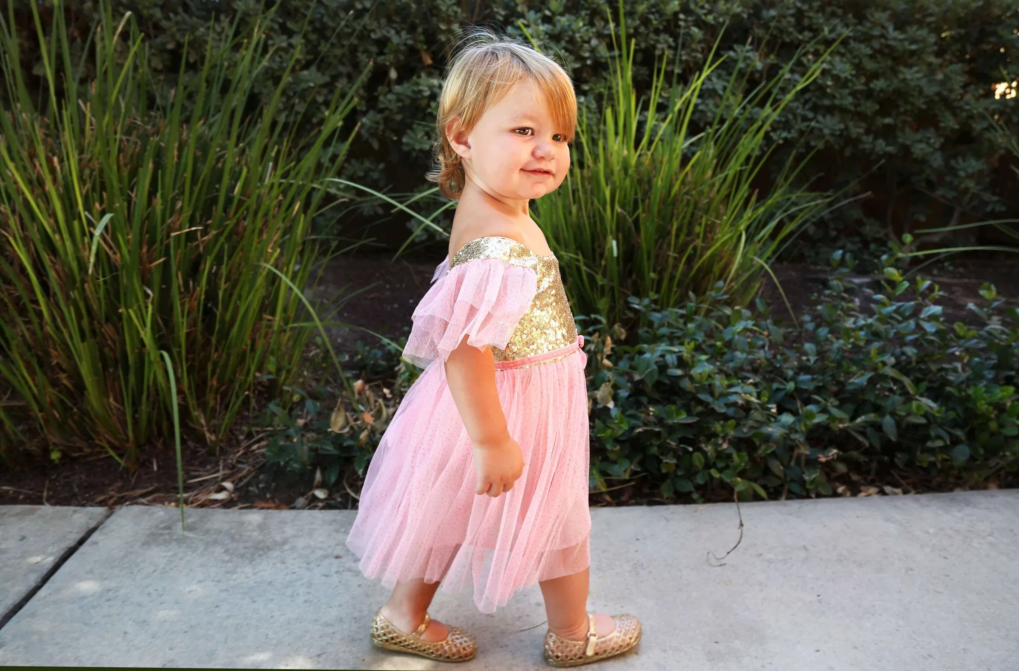 Baby Girl Pink and Gold Sequin Dress Velvet Bow