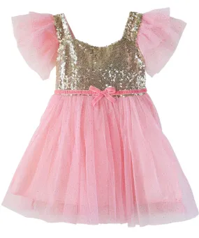 Baby Girl Pink and Gold Sequin Dress Velvet Bow