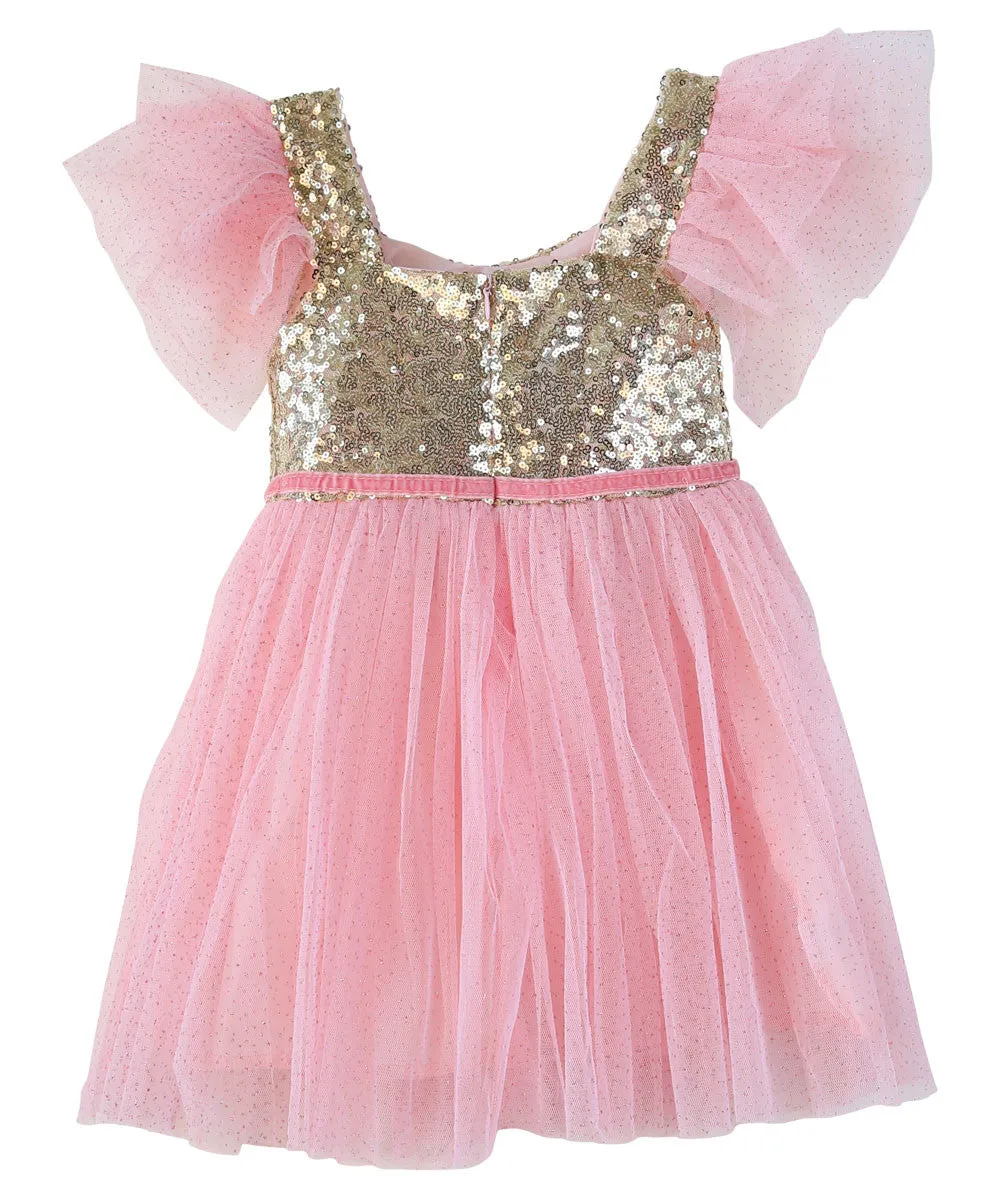 Baby Girl Pink and Gold Sequin Dress Velvet Bow