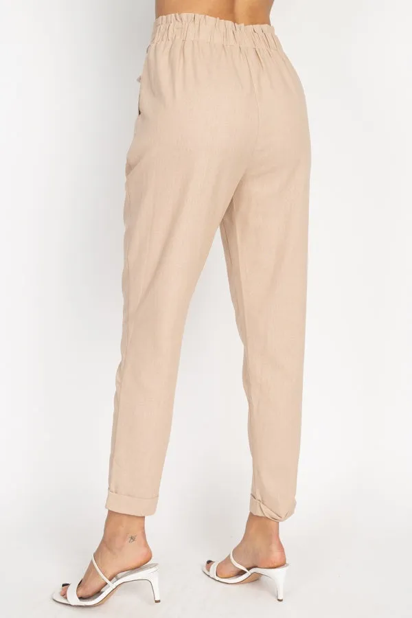 Belted Linen Paper Bag Pants