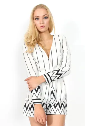 Bevan White & Black Tie Waist Playsuit