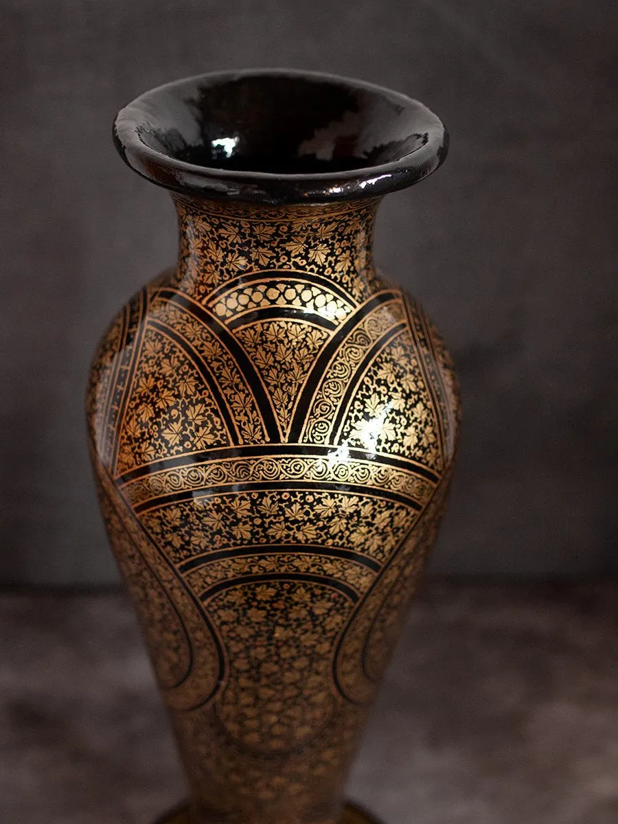 Black and Gold Handcrafted Paper Mache Vase by Riyaz