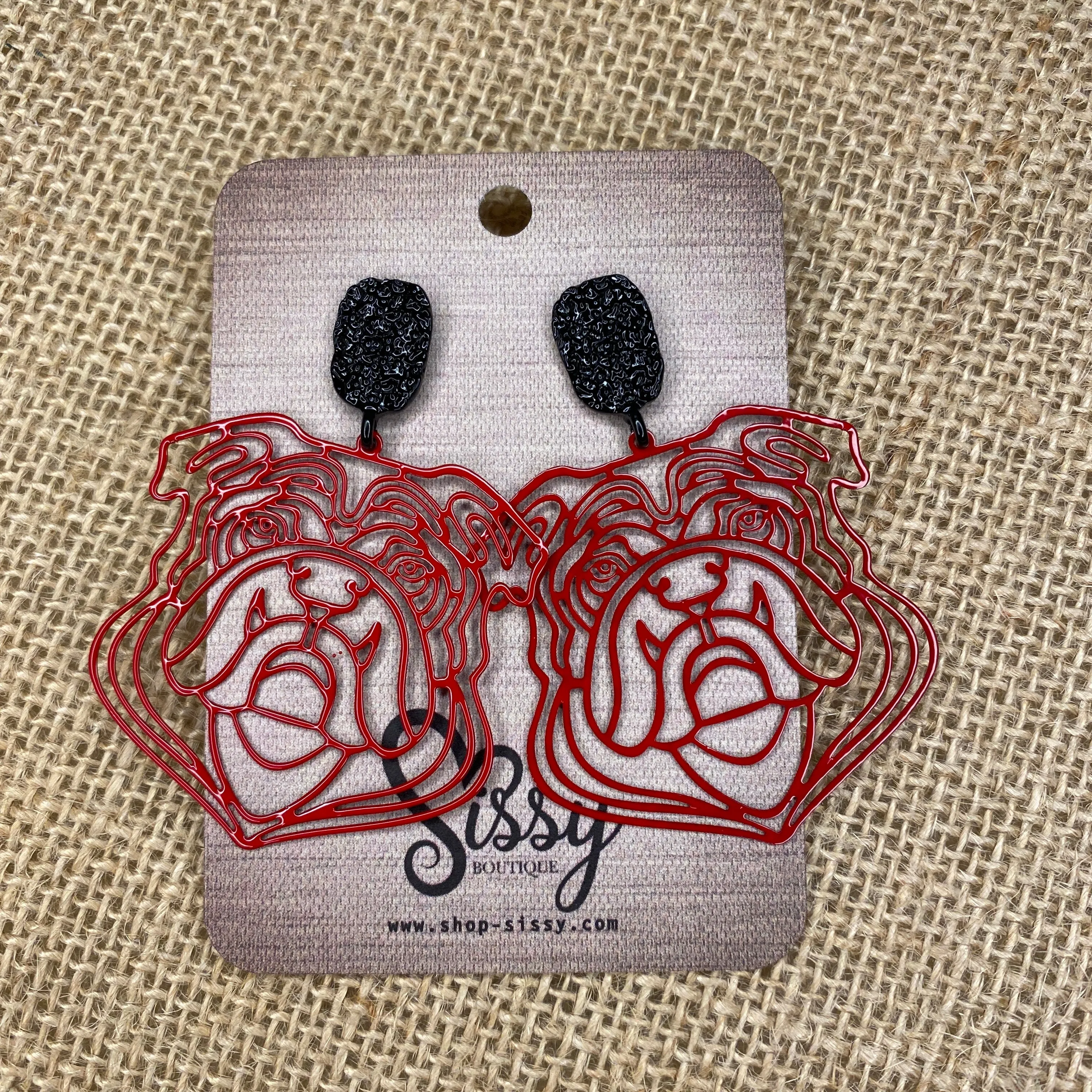 BLACK AND RED FILIGREE GEORGIA BULLDOG EARRINGS