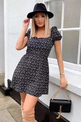 Black Ditsy Floral Puff Sleeve Day Dress