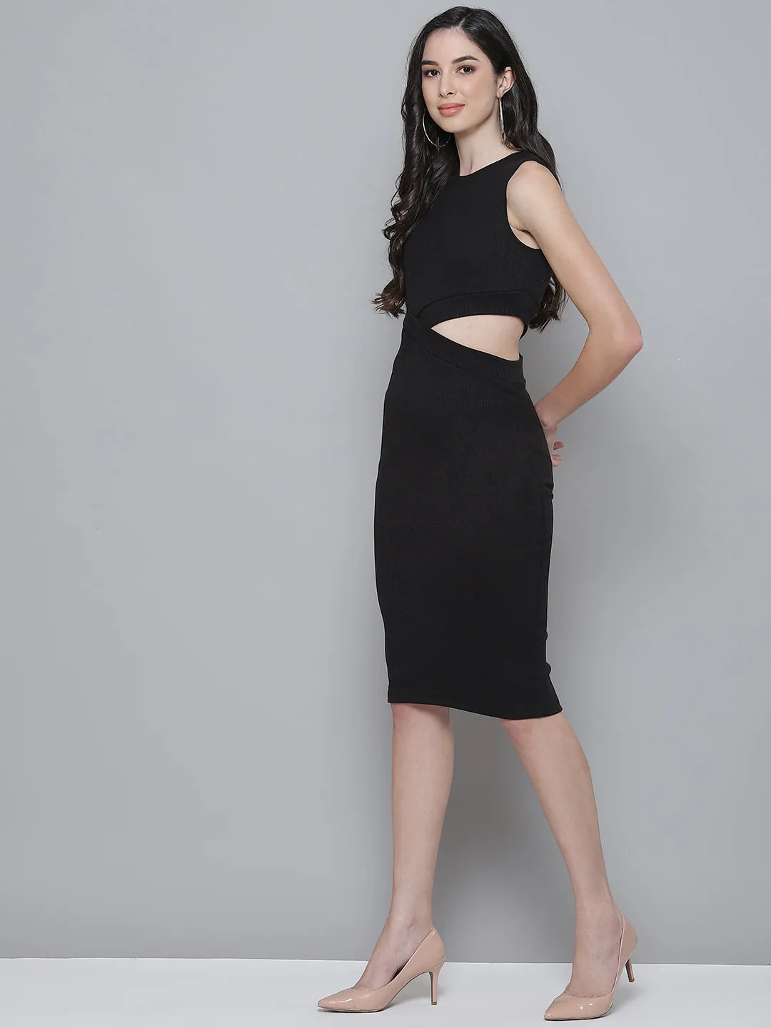 Black Rib Side Cut-Out Bodycon Dress