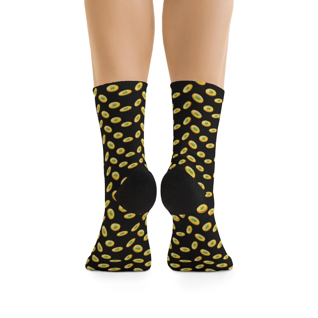 Black St. Patrick's Day Socks, Gold Coins Print Lucky Premium Unisex Socks- Made in USA