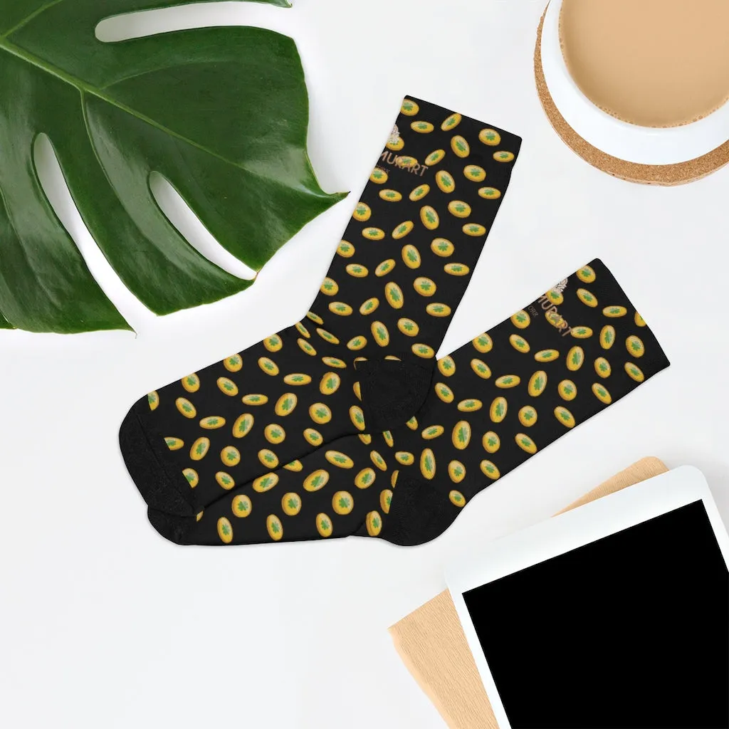 Black St. Patrick's Day Socks, Gold Coins Print Lucky Premium Unisex Socks- Made in USA