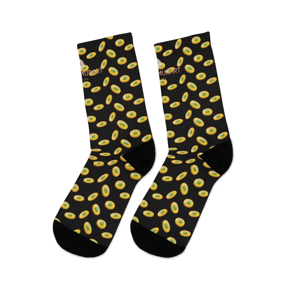 Black St. Patrick's Day Socks, Gold Coins Print Lucky Premium Unisex Socks- Made in USA