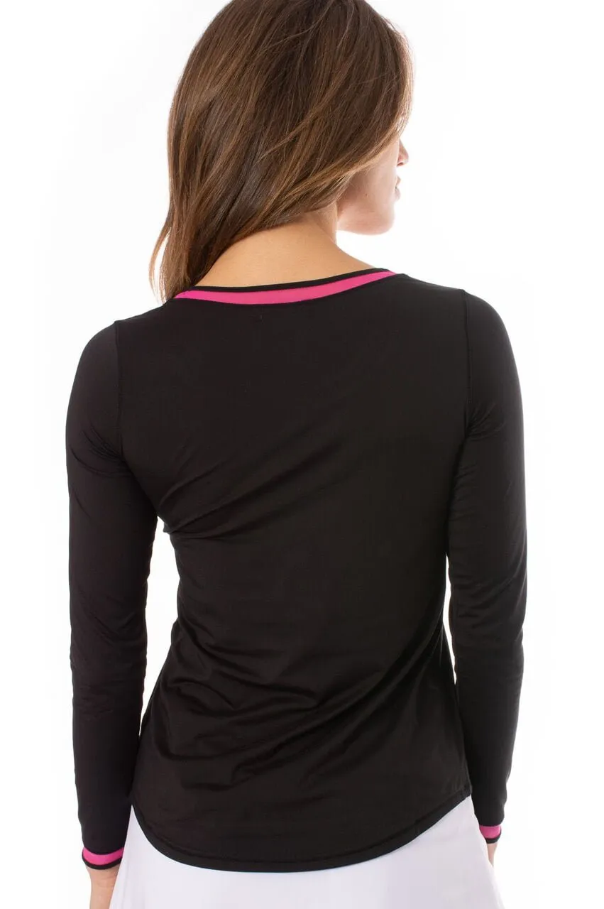 Black/Hot Pink Long Sleeve Mesh Trim Top