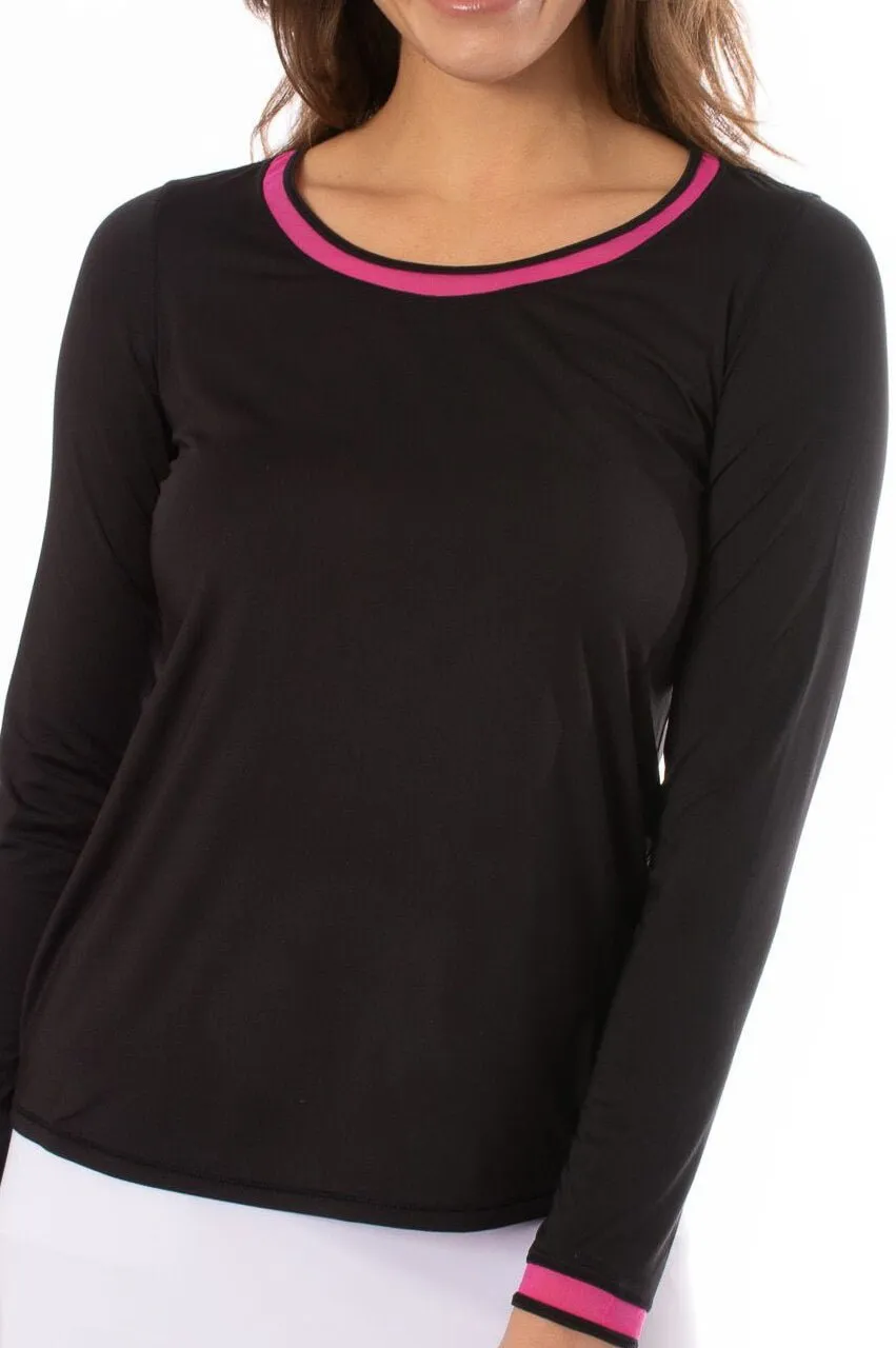 Black/Hot Pink Long Sleeve Mesh Trim Top