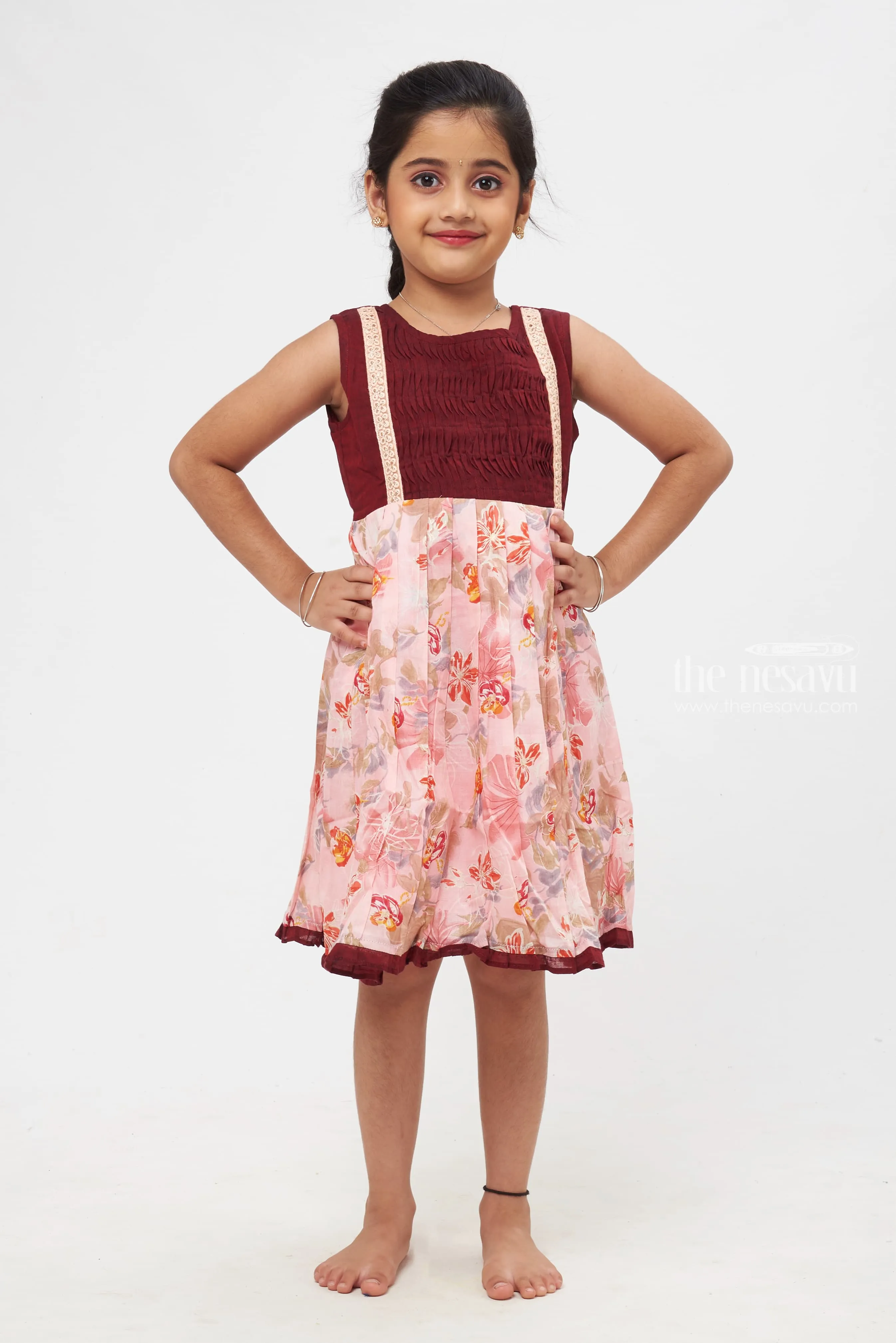 Blossom Bliss Maroon and Pink Floral Dress with Delicate Lace