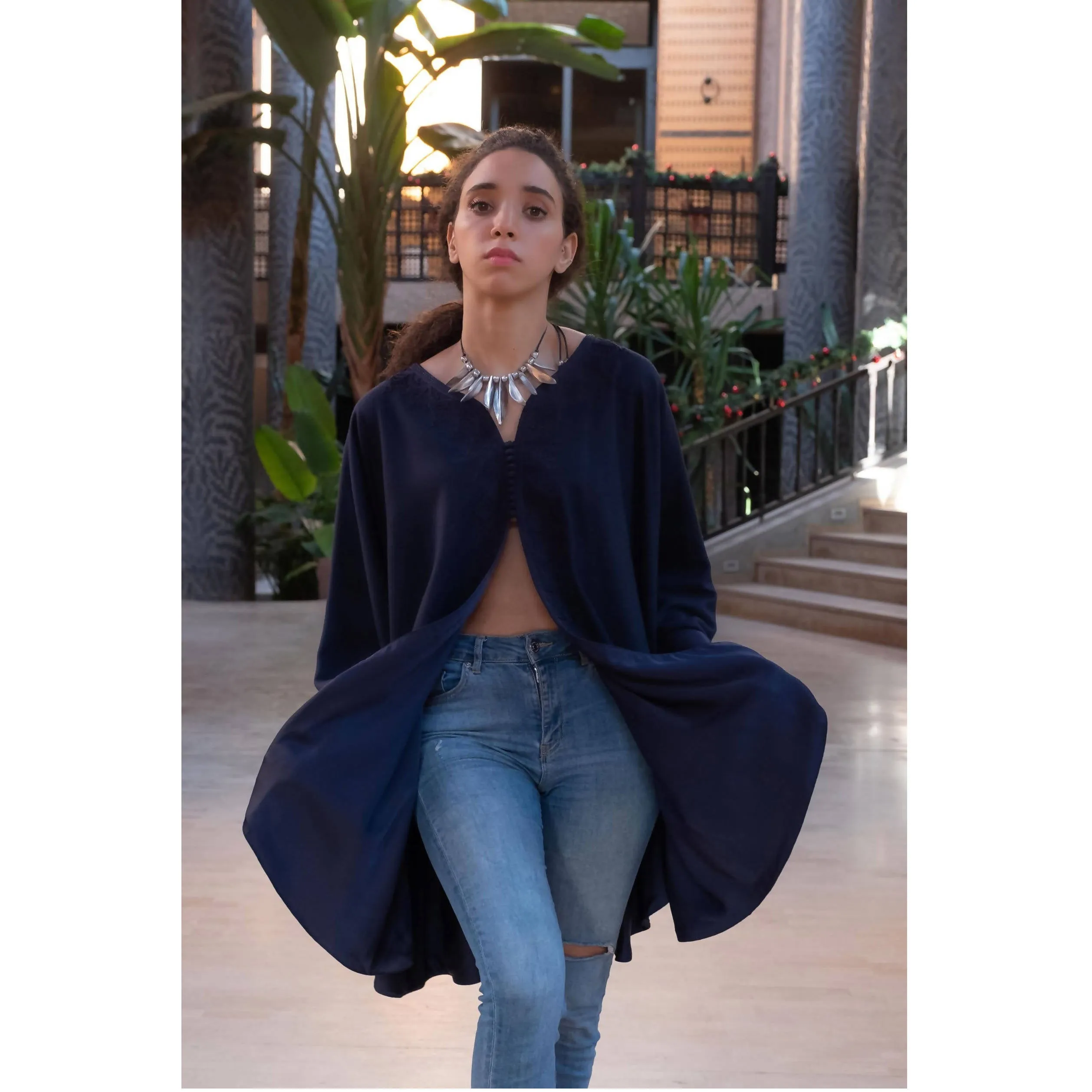 Blue Embroidred wool and cashmere cape