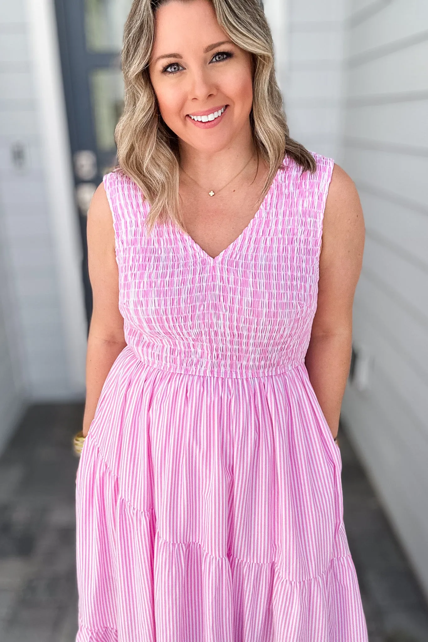 Bow Back Seersucker Smocked Maxi Dress - Light Pink