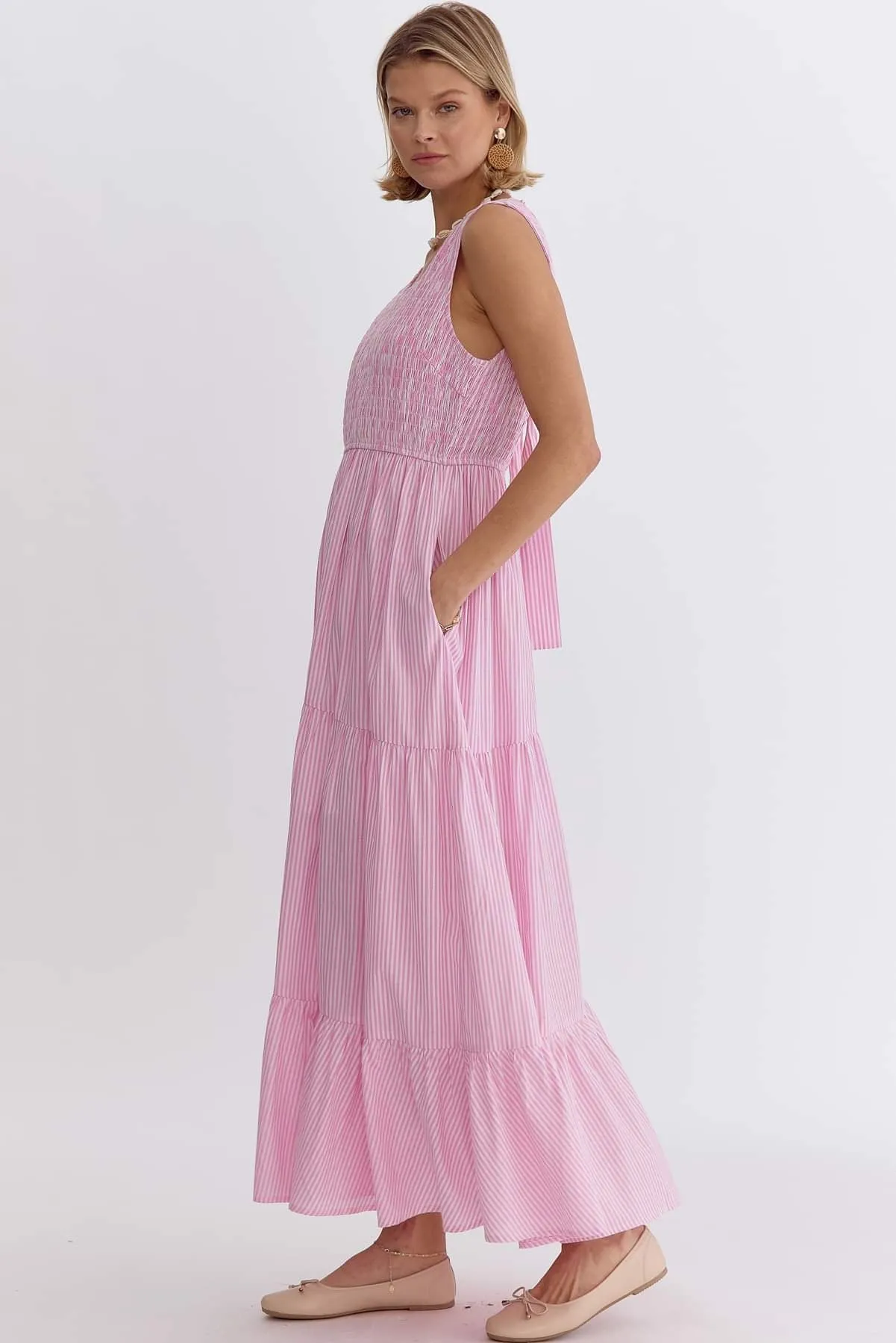 Bow Back Seersucker Smocked Maxi Dress - Light Pink