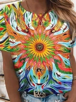 Bright Abstract Print Round Neck T-shirt