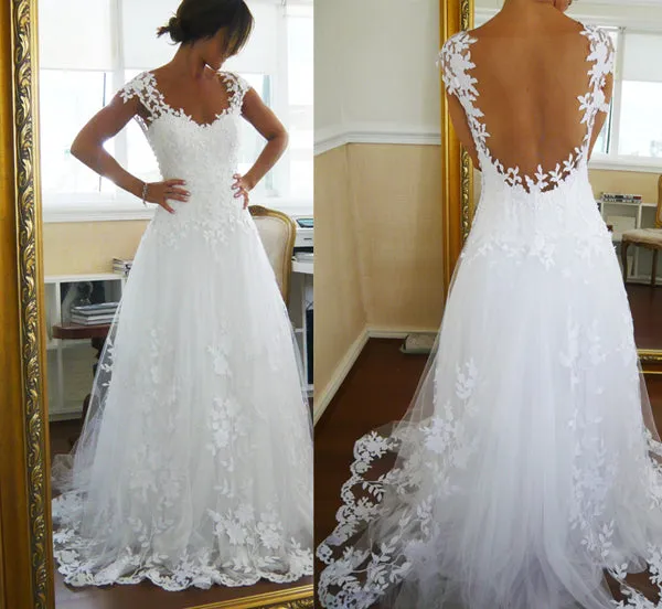 Capped Sleeve Open Back Lace Appliques Beach Wedding Dresses