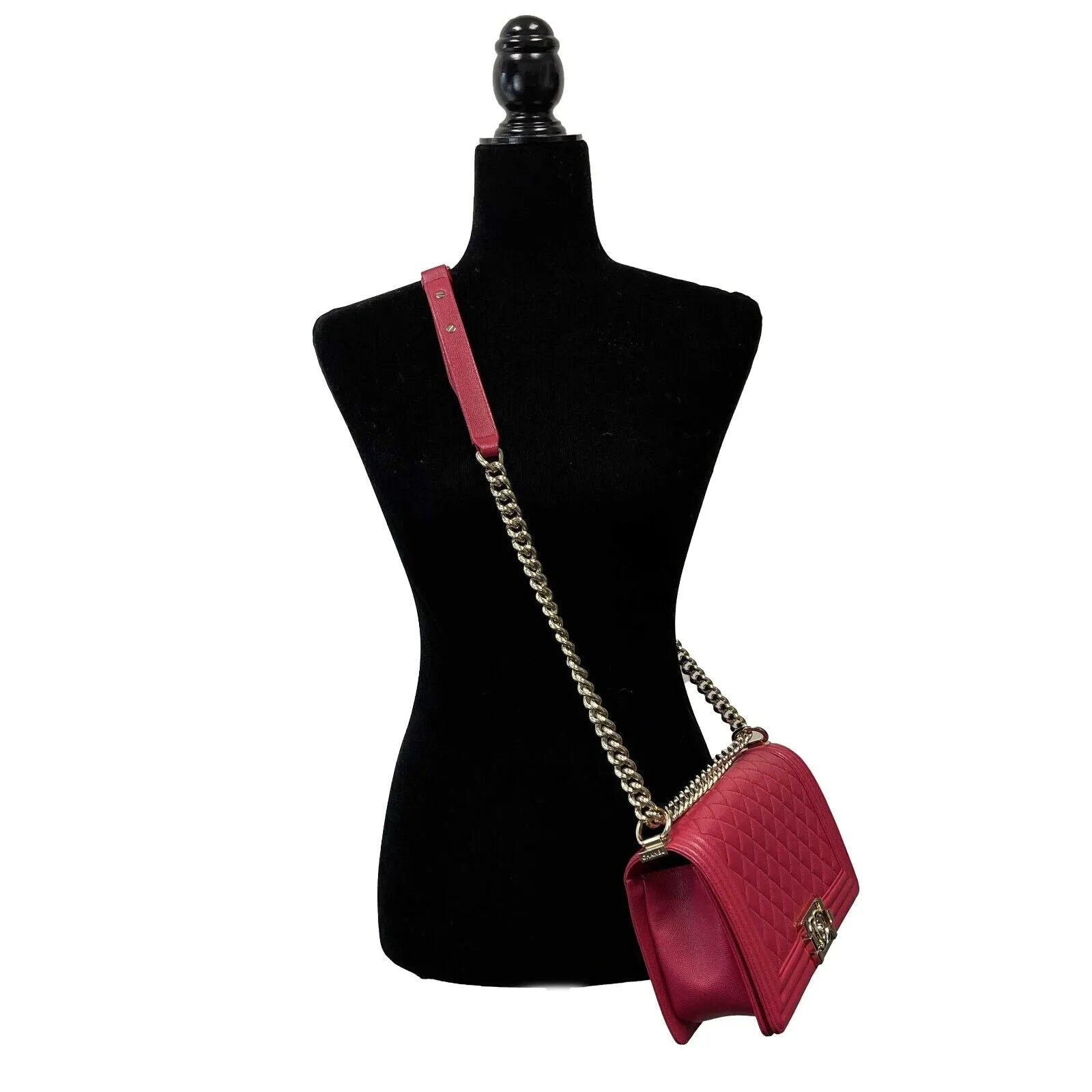 CHANEL- Le boy Old Medium Caviar Leather - Raspberry / Gold Crossbody