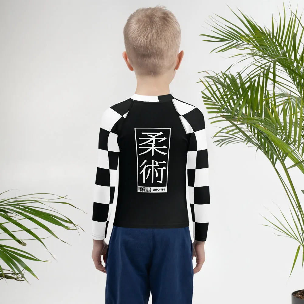 Checkered Charm: Boys' Long Sleeve Rash Guard for Kids - Noir Jiu-Jitsu