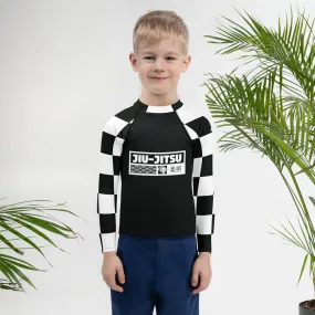 Checkered Charm: Boys' Long Sleeve Rash Guard for Kids - Noir Jiu-Jitsu