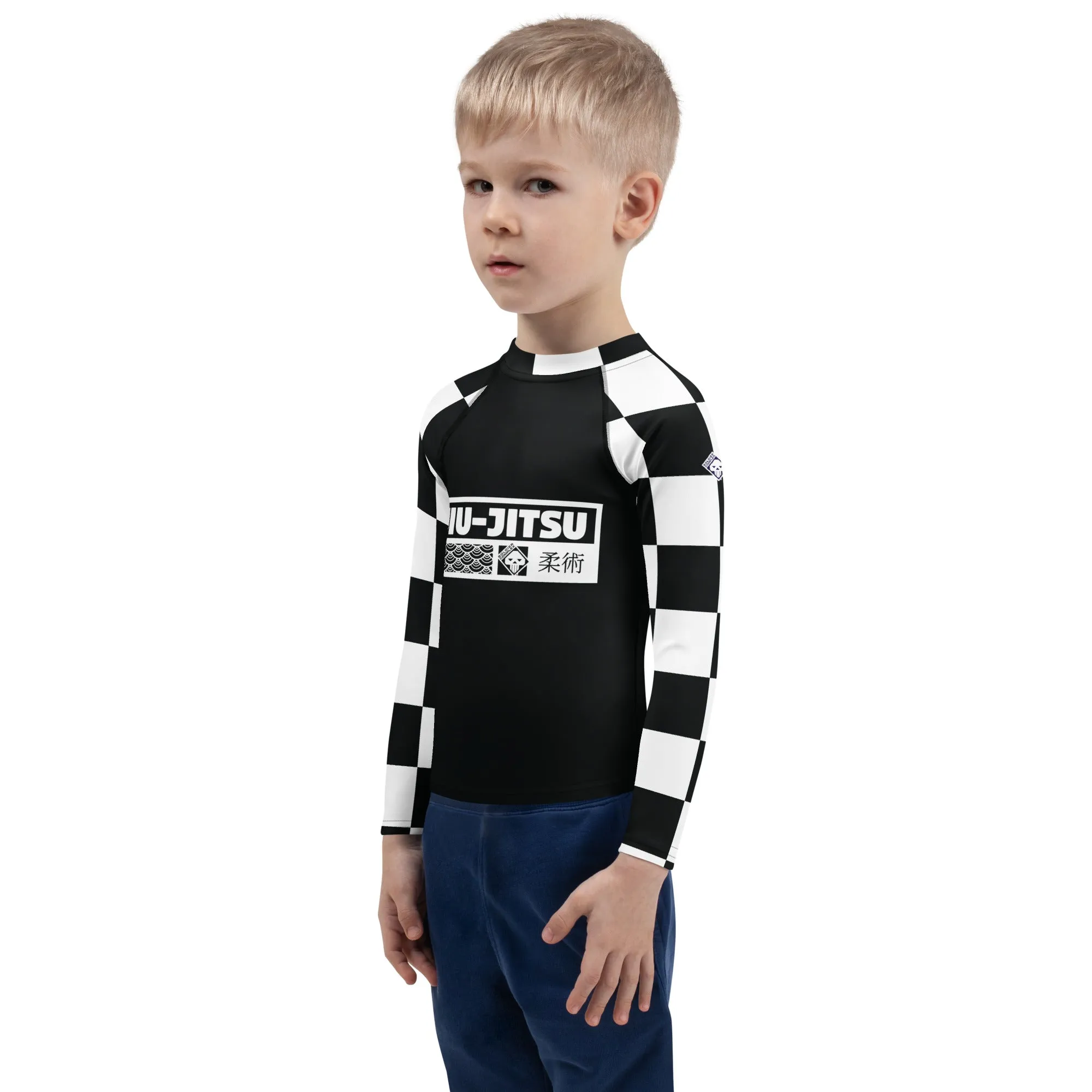 Checkered Charm: Boys' Long Sleeve Rash Guard for Kids - Noir Jiu-Jitsu