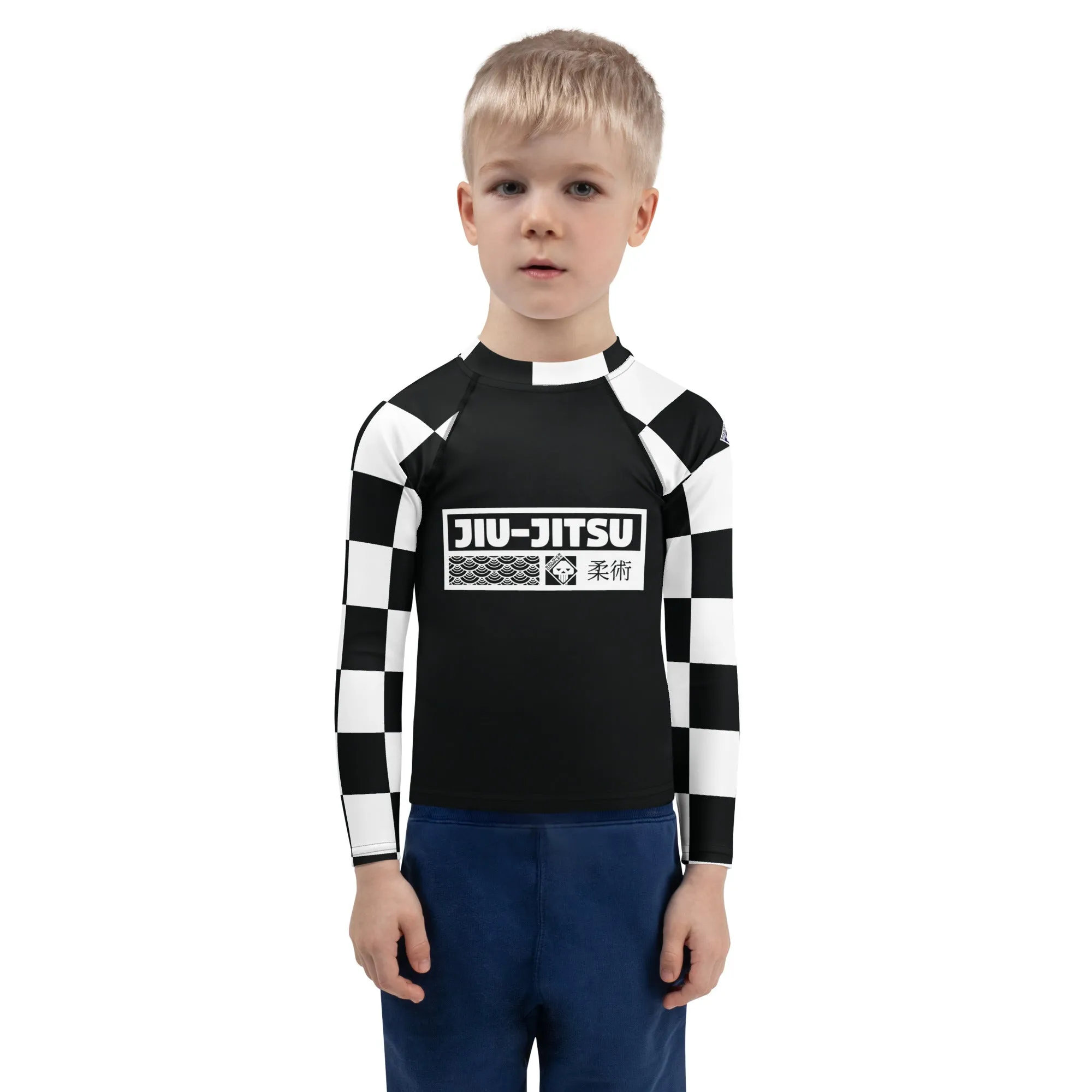 Checkered Charm: Boys' Long Sleeve Rash Guard for Kids - Noir Jiu-Jitsu