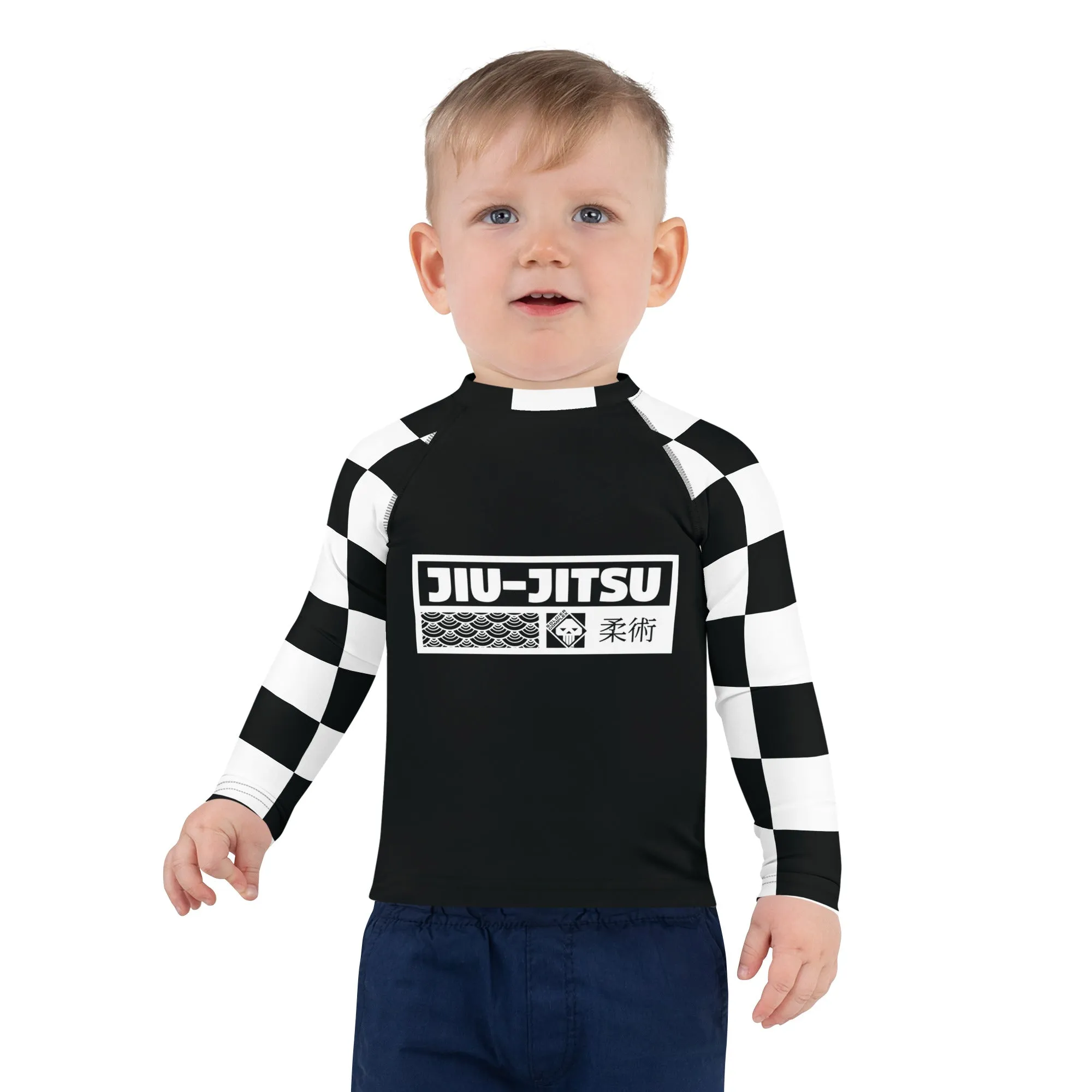 Checkered Charm: Boys' Long Sleeve Rash Guard for Kids - Noir Jiu-Jitsu