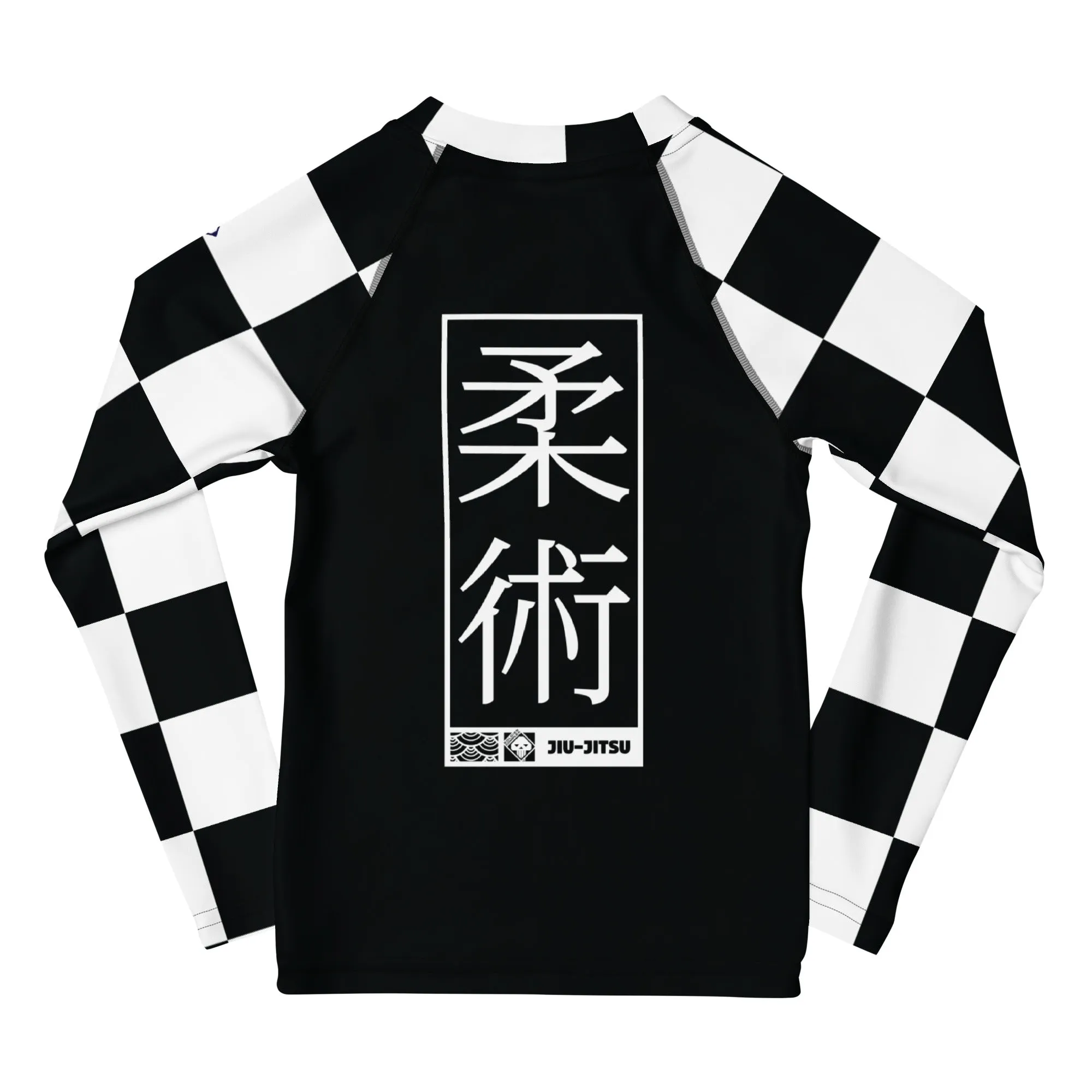 Checkered Charm: Boys' Long Sleeve Rash Guard for Kids - Noir Jiu-Jitsu