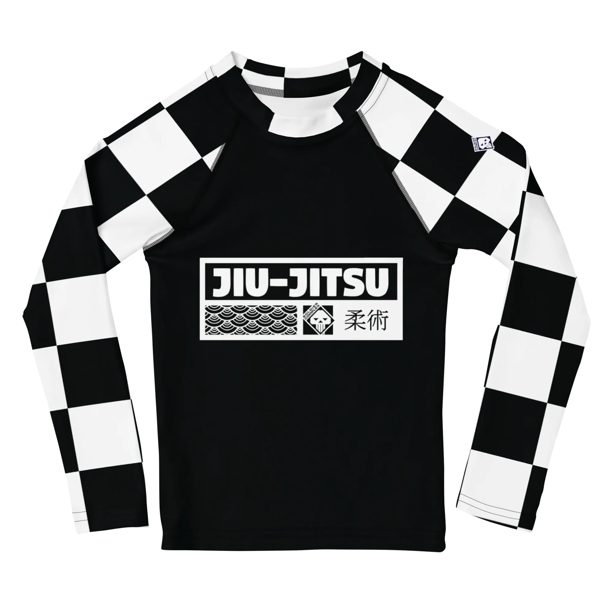 Checkered Charm: Boys' Long Sleeve Rash Guard for Kids - Noir Jiu-Jitsu