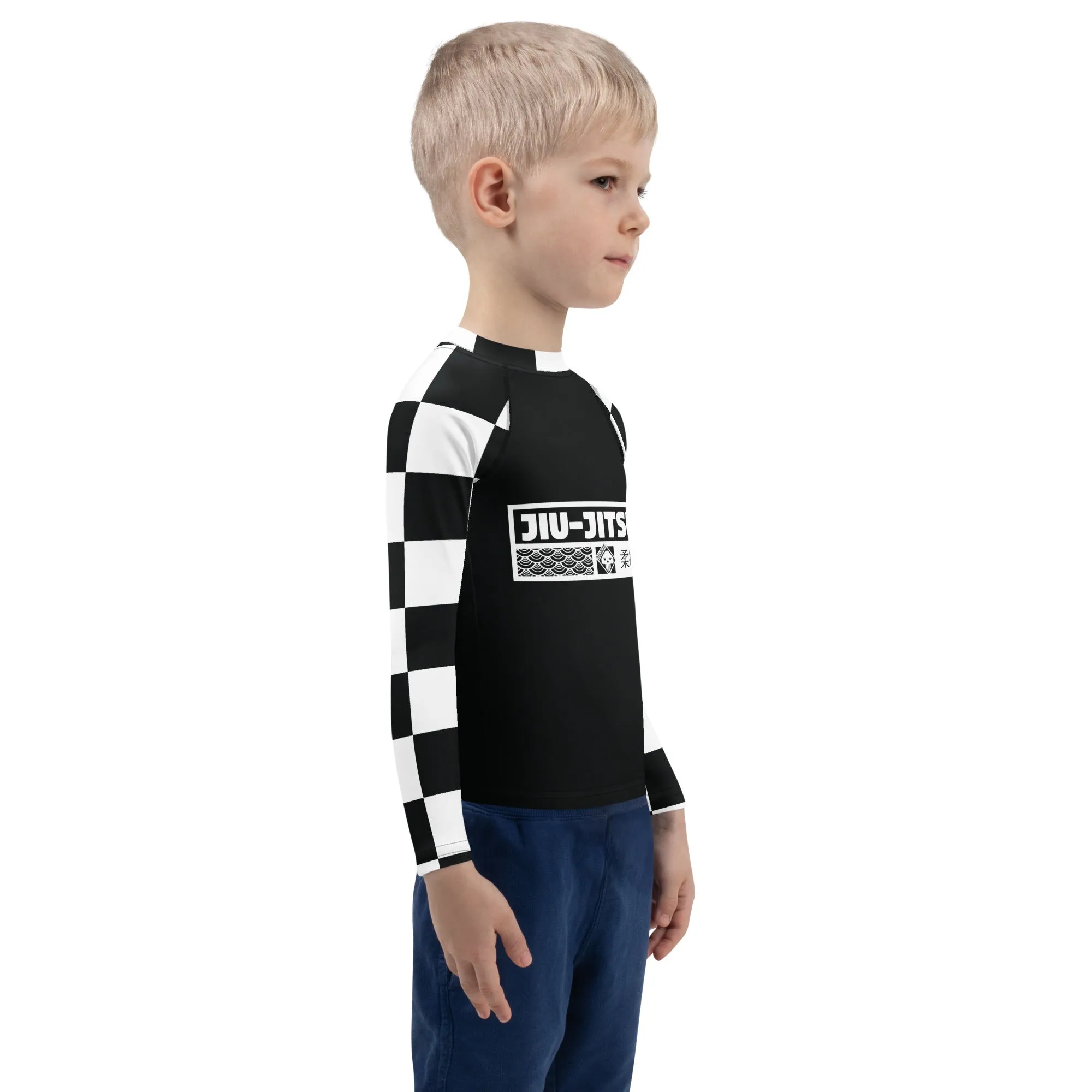 Checkered Charm: Boys' Long Sleeve Rash Guard for Kids - Noir Jiu-Jitsu